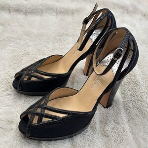 Cole Haan Nike Air Black Leather Strappy Peep-Toe Platform Heels Size 7